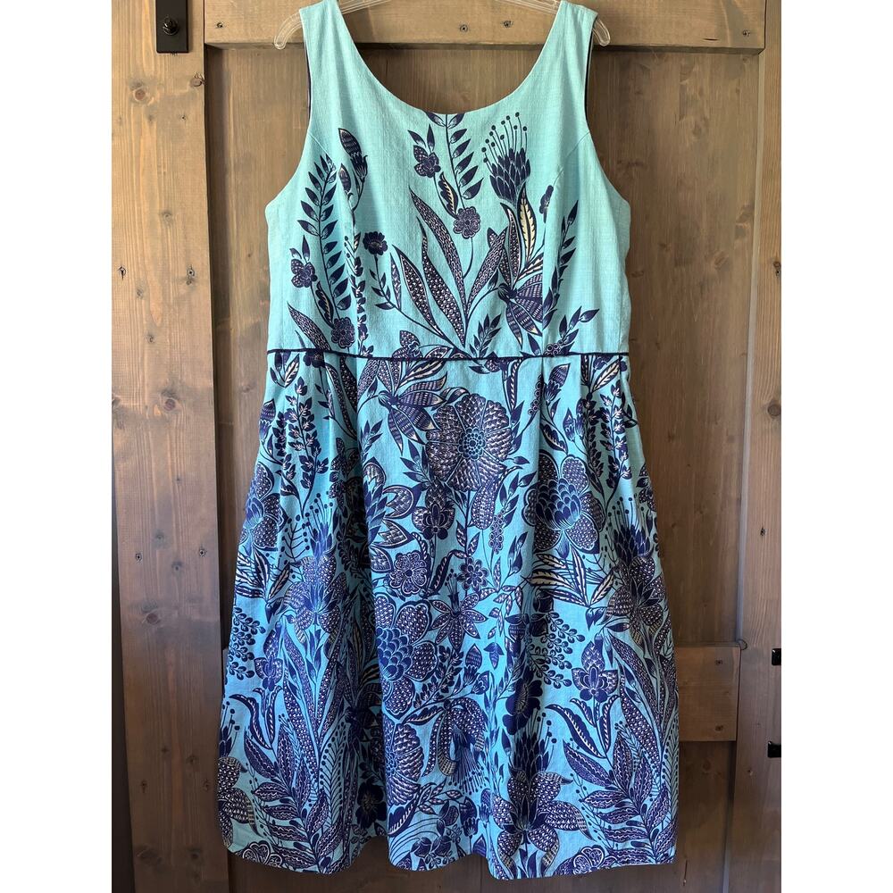 Lands' End Teal and Navy Botanical Midi Dress